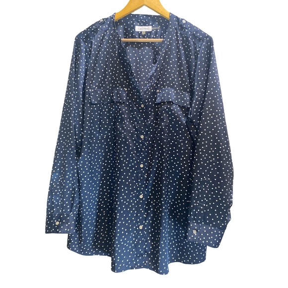 Calvin Klein Tops - Calvin Klein Blouse XL Navy Polka Dot  Women's Classic Silky Stretch Top Office‎